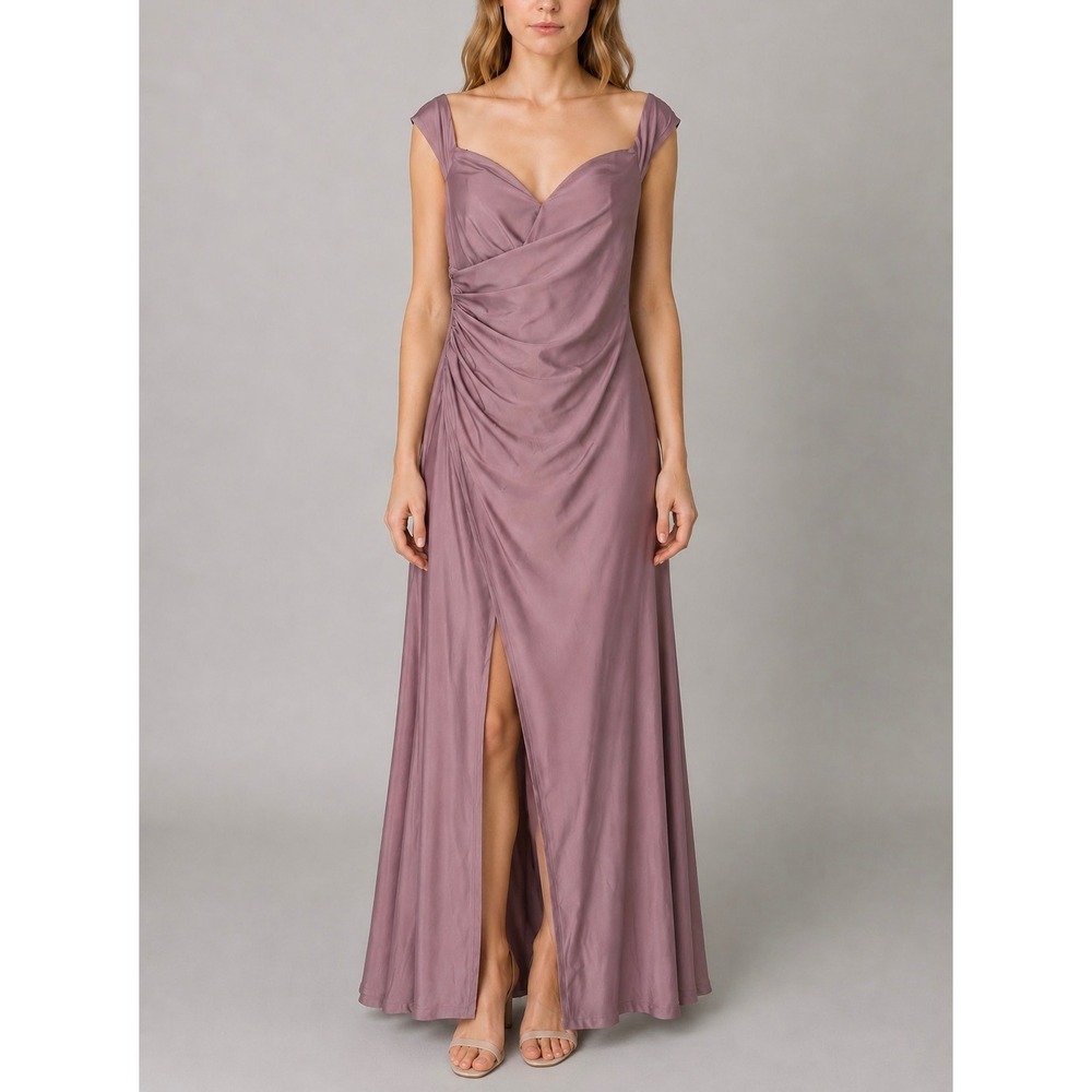Faeriesty Off Shoulder Ruched Gown Womens 1XL Mauve Side Slit‎ Formal Maxi Dress